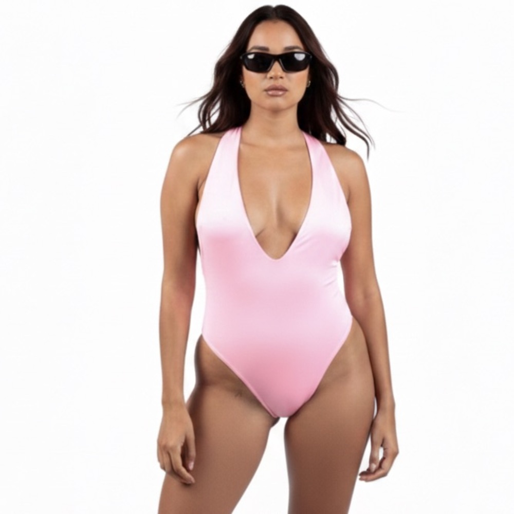 Barbie Pink reversible to light pink V-Neck One Piece Swimsuit